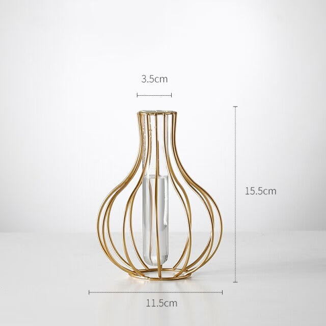 Modern Iron Golden Glass Vase Metal Wire Decorative Glass Tube Vase/Flower Vase Pot/Unique Handmade Home Decor/Living Room Office Table Vase - ACACUSS