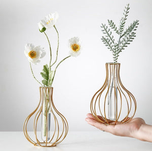 Modern Iron Golden Glass Vase Metal Wire Decorative Glass Tube Vase/Flower Vase Pot/Unique Handmade Home Decor/Living Room Office Table Vase - ACACUSS