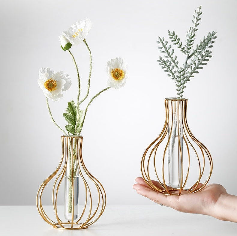 Modern Iron Golden Glass Vase Metal Wire Decorative Glass Tube Vase/Flower Vase Pot/Unique Handmade Home Decor/Living Room Office Table Vase - ACACUSS