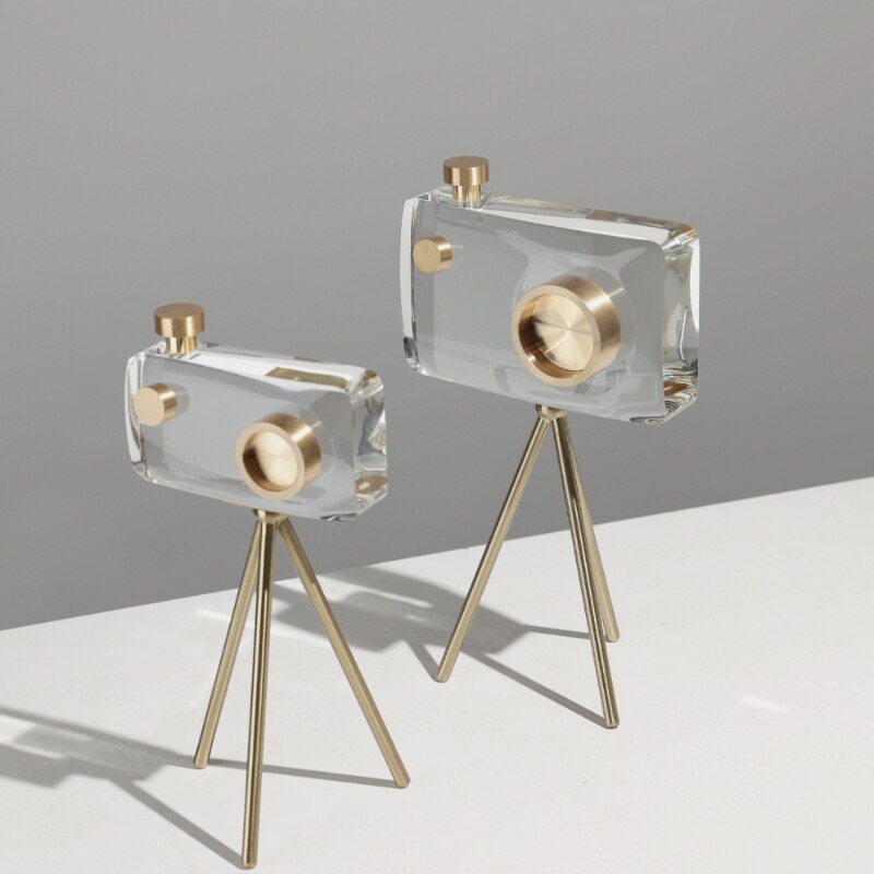 Modern Luxury Crystal Camera Sculpture Home Decor Accessories Creative Living Room Desktop Retro Tripod Camera Crystal Art Decor acacuss