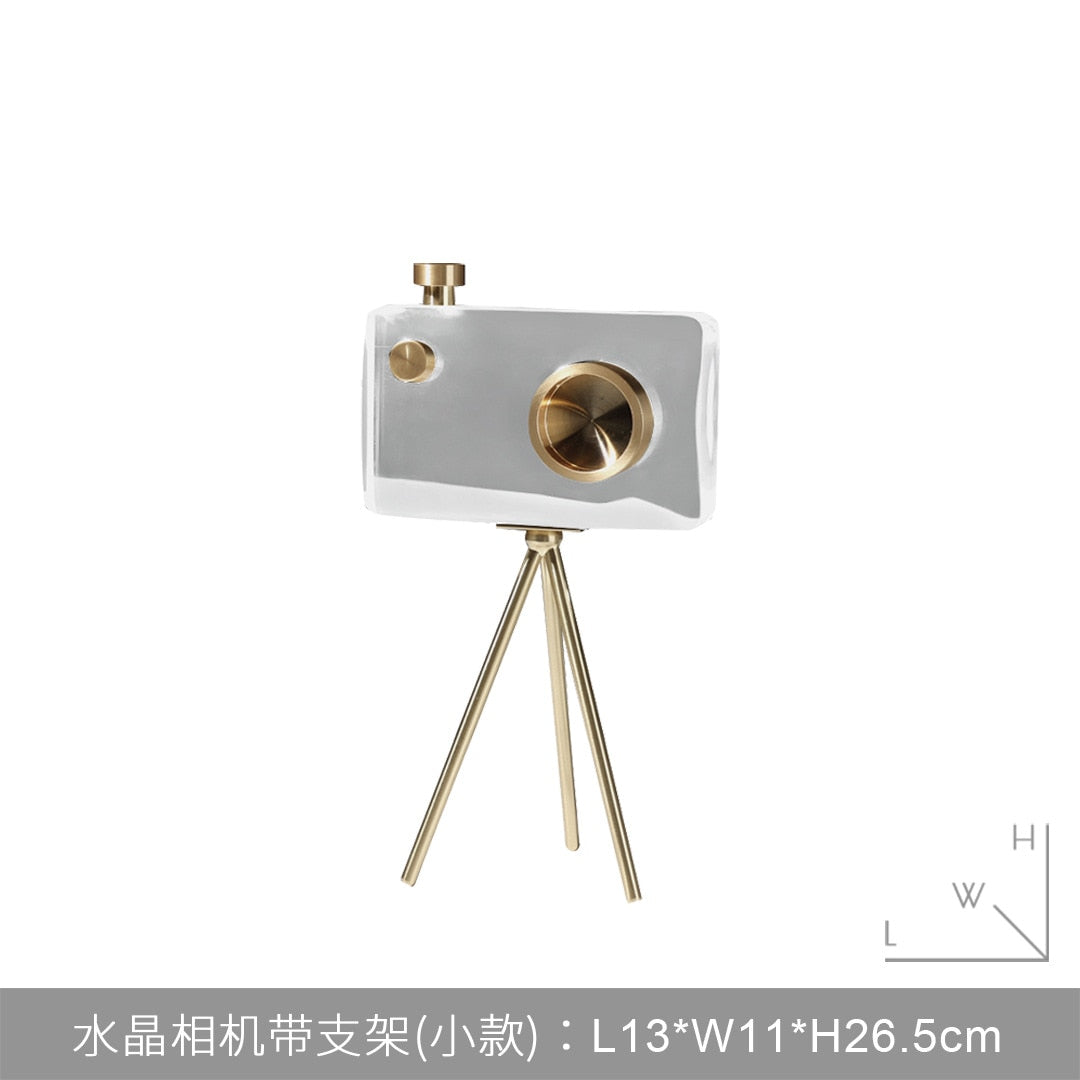 Modern Luxury Crystal Camera Sculpture Home Decor Accessories Creative Living Room Desktop Retro Tripod Camera Crystal Art Decor acacuss