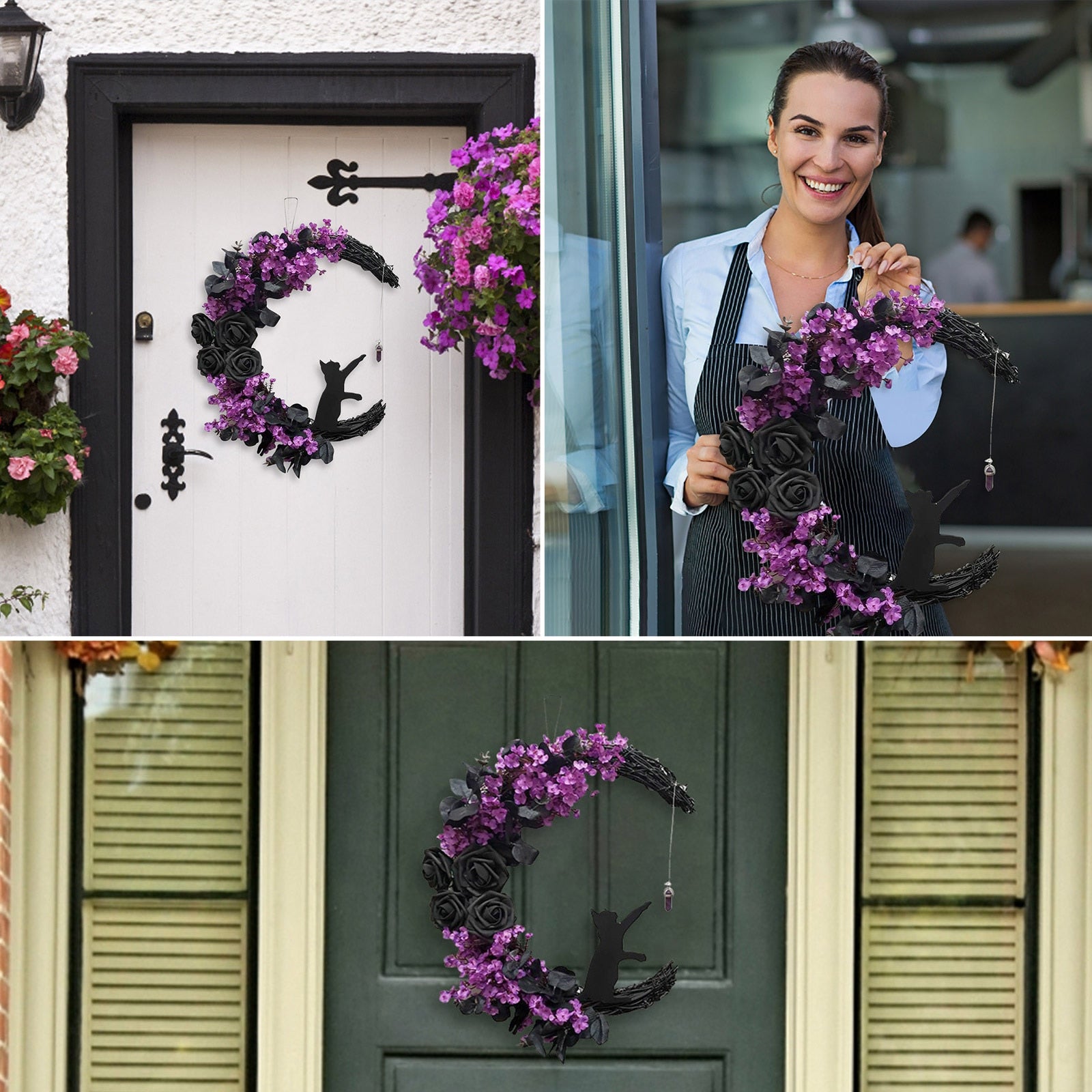 Moon Shaped Door Wreaths Halloween Decorations Welcome Sign Goth Roses Black Cats Garland Front Door Ornament Halloween Signs acacuss