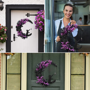 Moon Shaped Door Wreaths Halloween Decorations Welcome Sign Goth Roses Black Cats Garland Front Door Ornament Halloween Signs acacuss