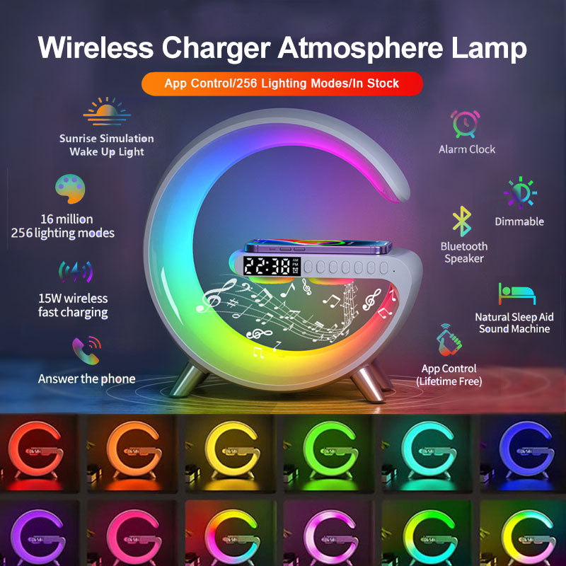 Multifunctional Wireless Charger Alarm Clock Speaker APP RGB Light Fast Charging Station for iPhone & Samsung acacuss