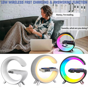 Multifunctional Wireless Charger Alarm Clock Speaker APP RGB Light Fast Charging Station for iPhone & Samsung acacuss