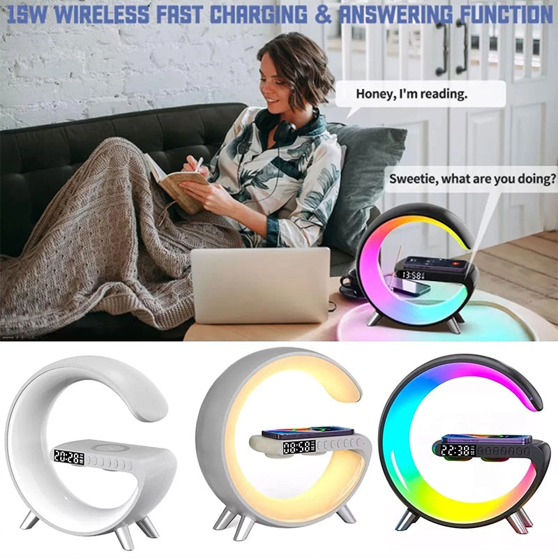 Multifunctional Wireless Charger Alarm Clock Speaker APP RGB Light Fast Charging Station for iPhone & Samsung acacuss