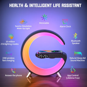 Multifunctional Wireless Charger Alarm Clock Speaker APP RGB Light Fast Charging Station for iPhone & Samsung acacuss