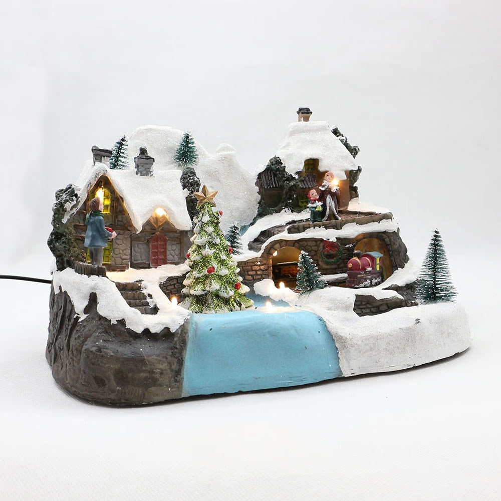 Music Playing With LED Lighting Christmas House Decorations Train And Christmas Tree Revolving Resin XMAS Villages Ornaments acacuss