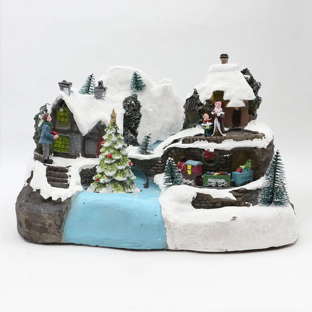 Music Playing With LED Lighting Christmas House Decorations Train And Christmas Tree Revolving Resin XMAS Villages Ornaments acacuss