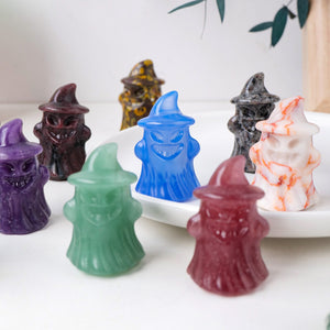 Natural Crystal Gemstone Crafts Ghost Statue Halloween Decoration Ornament Hat Ghost Carving Children's gifts acacuss