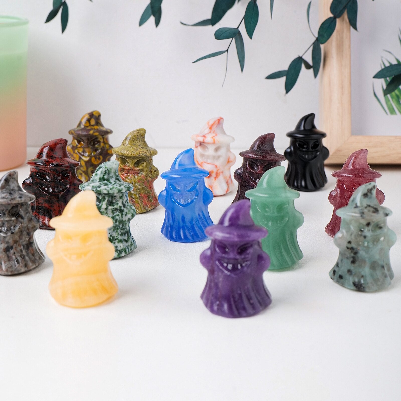 Natural Crystal Gemstone Crafts Ghost Statue Halloween Decoration Ornament Hat Ghost Carving Children's gifts acacuss