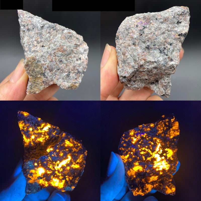 Natural Flame Fire stone Syenite containing fluorescent sodalite mineral rough crystal Long-wave UV 365NM Collection specimens acacuss