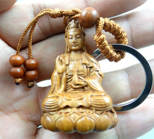 Natural wood mahogany three-dimensional engraving Guanyin barrel keychain Buddha key ring jewelry gift for men and women 1pc acacuss
