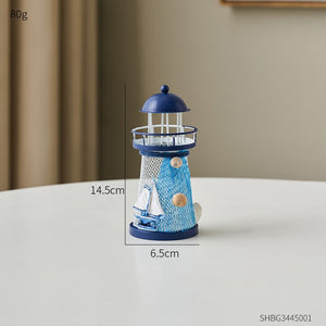 Nautical Ocean Flash Lighthouse Fishing Net Starfish Shell Metal Beacon Tower Ornaments Figurines Crafts Paperweight Home Decor acacuss