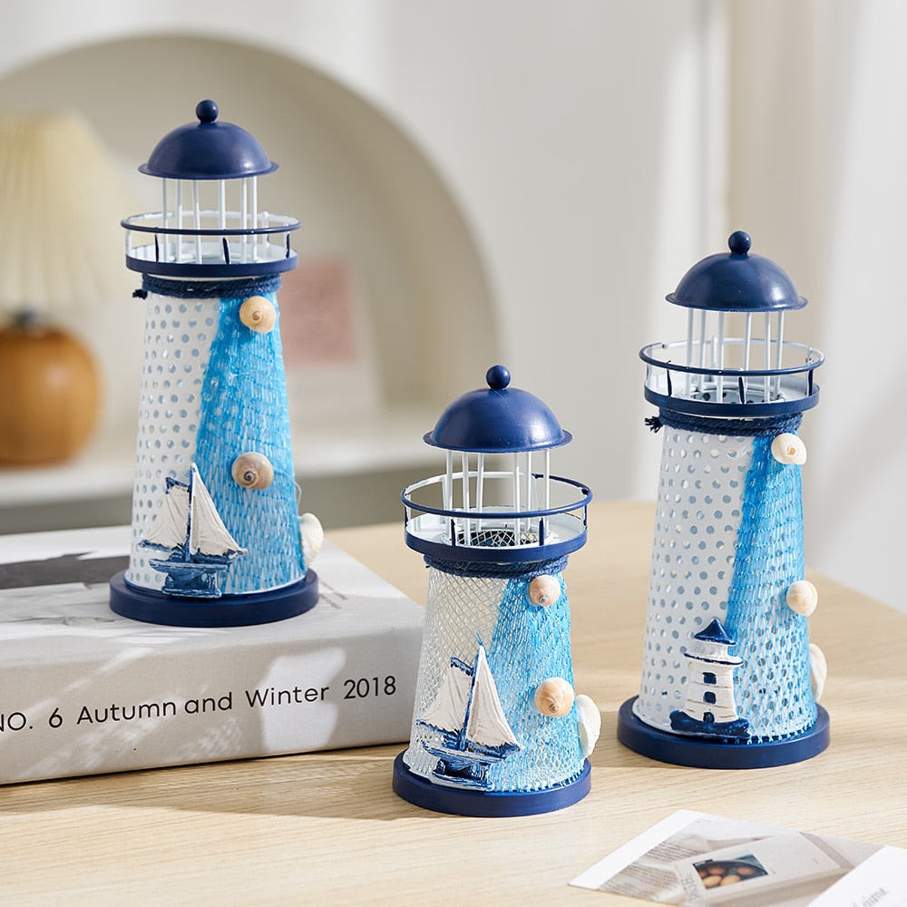 Nautical Ocean Flash Lighthouse Fishing Net Starfish Shell Metal Beacon Tower Ornaments Figurines Crafts Paperweight Home Decor acacuss