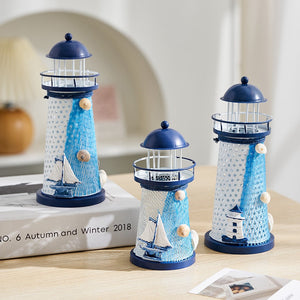 Nautical Ocean Flash Lighthouse Fishing Net Starfish Shell Metal Beacon Tower Ornaments Figurines Crafts Paperweight Home Decor acacuss