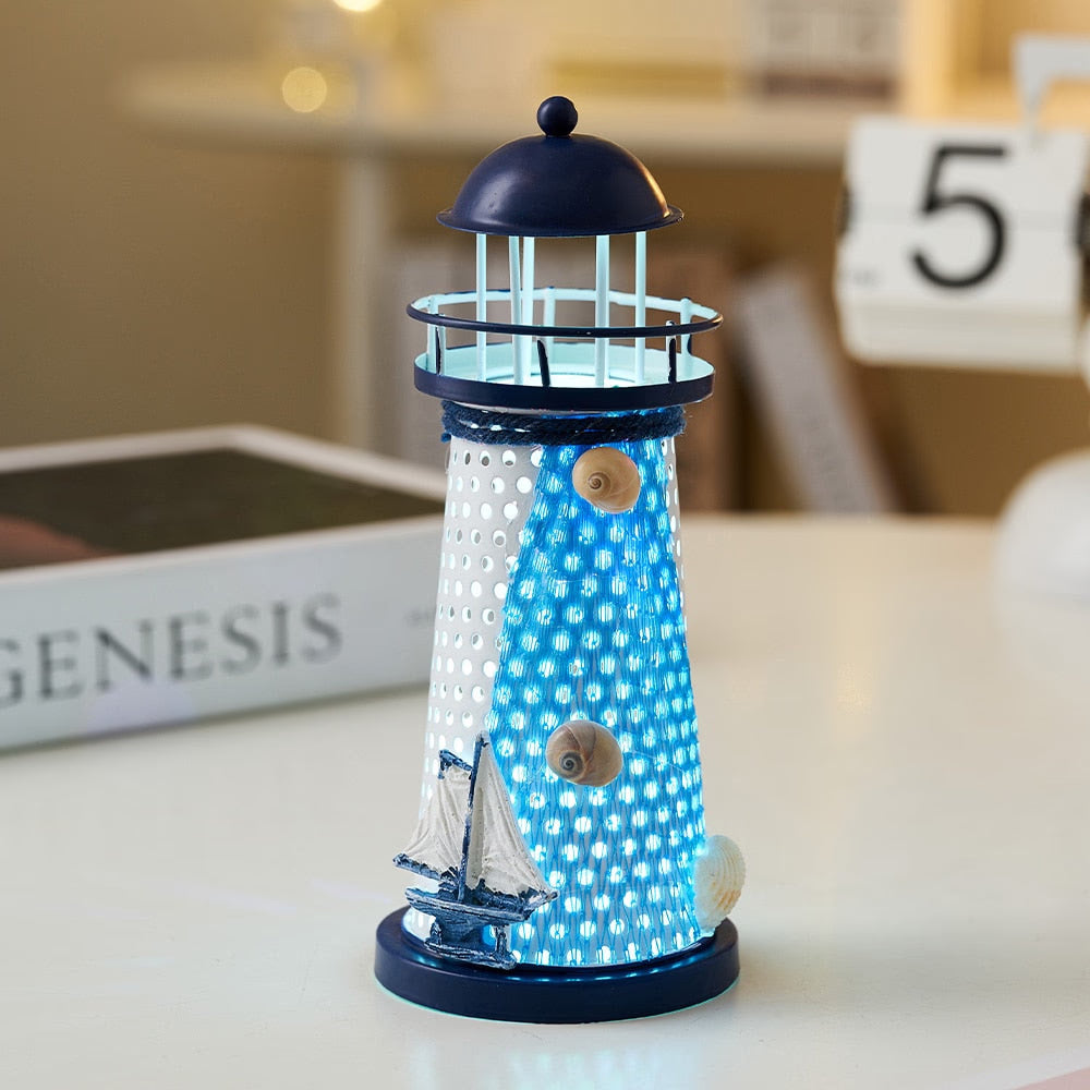 Nautical Ocean Flash Lighthouse Fishing Net Starfish Shell Metal Beacon Tower Ornaments Figurines Crafts Paperweight Home Decor acacuss