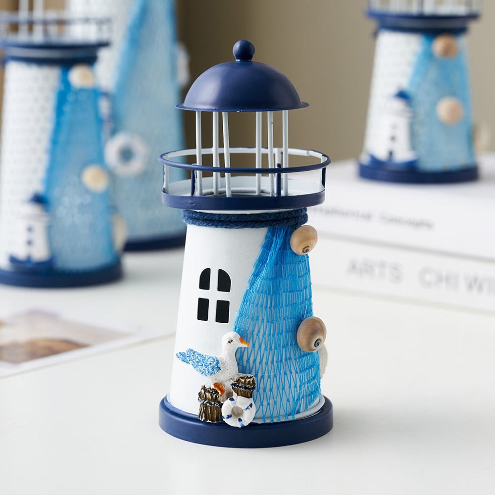 Nautical Ocean Flash Lighthouse Fishing Net Starfish Shell Metal Beacon Tower Ornaments Figurines Crafts Paperweight Home Decor acacuss