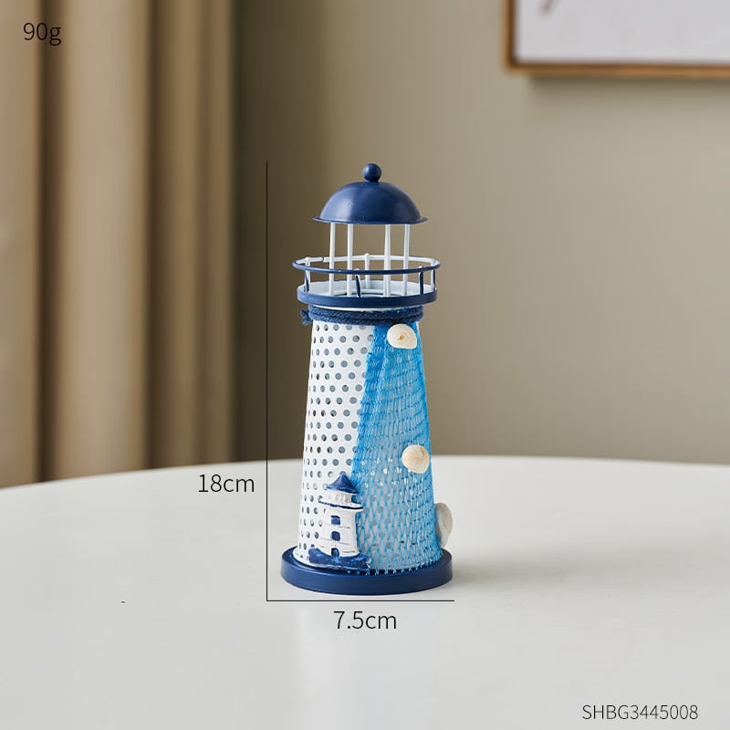 Nautical Ocean Flash Lighthouse Fishing Net Starfish Shell Metal Beacon Tower Ornaments Figurines Crafts Paperweight Home Decor acacuss