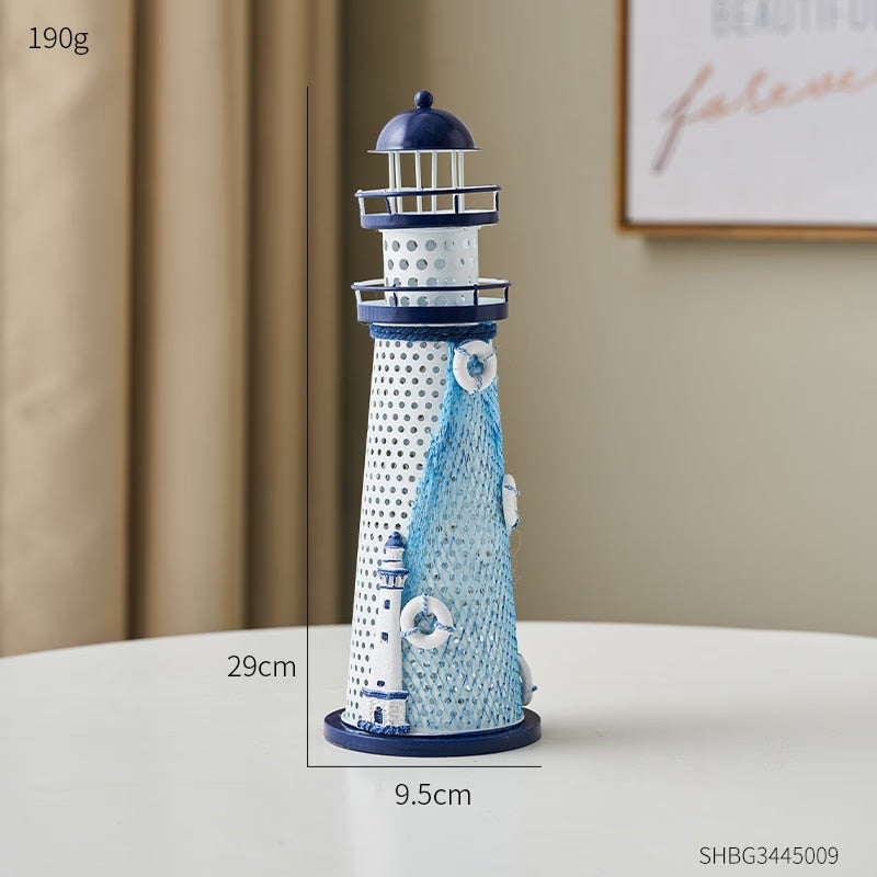 Nautical Ocean Flash Lighthouse Fishing Net Starfish Shell Metal Beacon Tower Ornaments Figurines Crafts Paperweight Home Decor acacuss