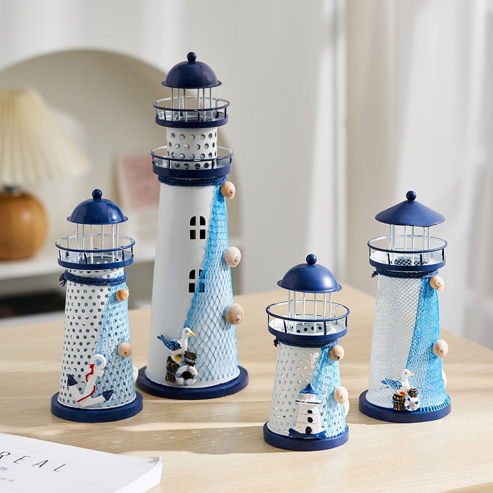 Nautical Ocean Flash Lighthouse Fishing Net Starfish Shell Metal Beacon Tower Ornaments Figurines Crafts Paperweight Home Decor acacuss