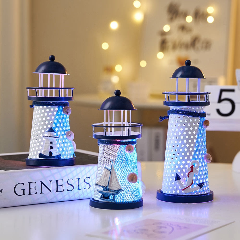 Nautical Ocean Flash Lighthouse Fishing Net Starfish Shell Metal Beacon Tower Ornaments Figurines Crafts Paperweight Home Decor acacuss