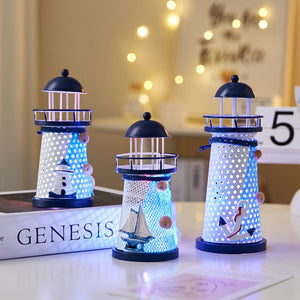 Nautical Ocean Flash Lighthouse Fishing Net Starfish Shell Metal Beacon Tower Ornaments Figurines Crafts Paperweight Home Decor acacuss