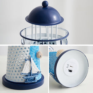 Nautical Ocean Flash Lighthouse Fishing Net Starfish Shell Metal Beacon Tower Ornaments Figurines Crafts Paperweight Home Decor acacuss