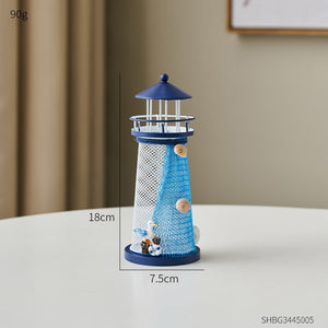 Nautical Ocean Flash Lighthouse Fishing Net Starfish Shell Metal Beacon Tower Ornaments Figurines Crafts Paperweight Home Decor acacuss