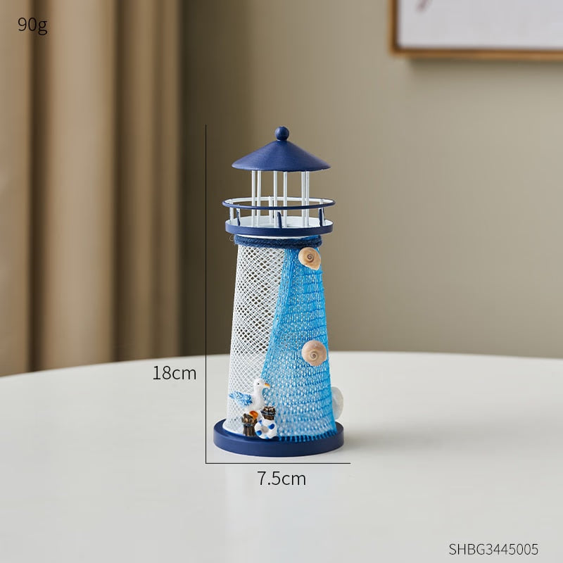 Nautical Ocean Flash Lighthouse Fishing Net Starfish Shell Metal Beacon Tower Ornaments Figurines Crafts Paperweight Home Decor acacuss