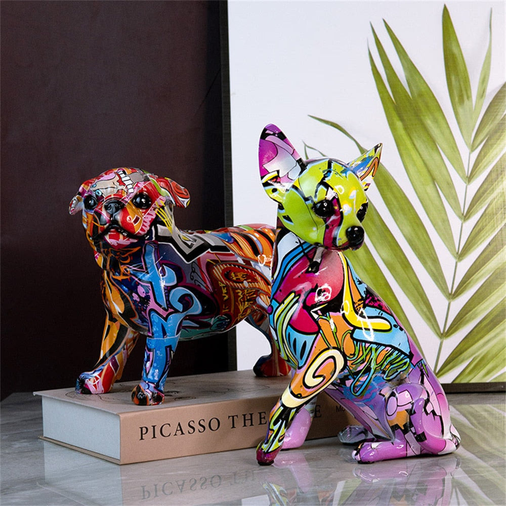 New Colored Chihuahua Bulldog Resin Sculpture Figurine Statue Office Home Decoration Ornaments Desktop Handmade Craft Modern Art acacuss