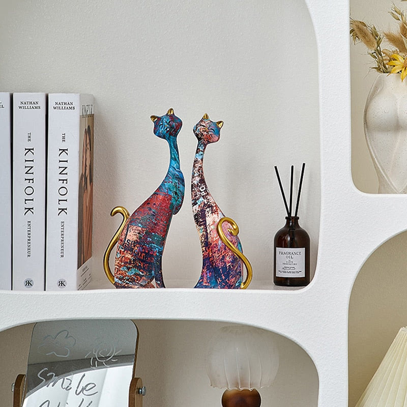 Nordic Art Oil Painting Cat Decoration Resin Abstract Ornaments Figurines Bedroom Desktop Porch Cat Sculpture Home Decor Gift acacuss
