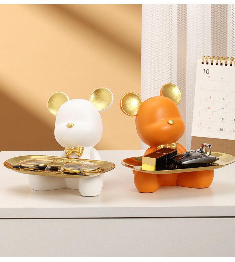 2023 NEW Nordic Resin Bear Tray Figuinres Home Living Room Bedroom Key Storage Decor Ornament Candy Container Animal Statues acacuss