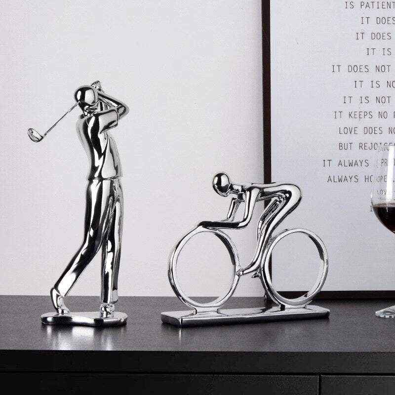 Nordic Silver Ceramic Abstract Resin Bicycler Cyclist Statue Bicycle Rider Statue Bike Figurine Office Bar Home Decor Crafts acacuss