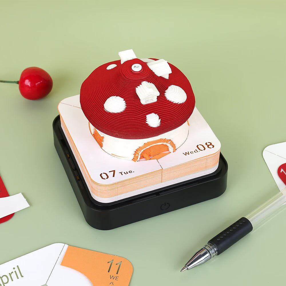 Omoshiroi Block 3D Notepad 2024 Calendar Cute Mushroom Ornament Led Memo Pad Office Calendars Desktop Decoration Birthday Gift acacuss