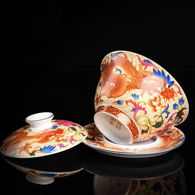 Palace Enamel Dragon Pattern Ceramic Gaiwan Chinese Handmade Teacup Travel Tea Bowl Home Teaware Accessories Drinkware 170ml acacuss