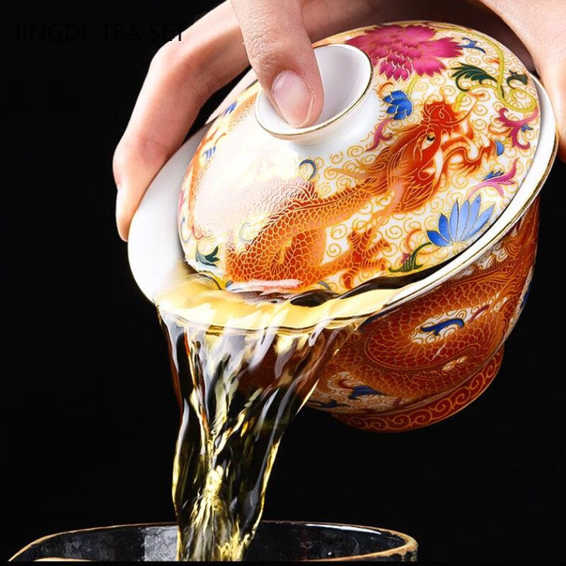 Palace Enamel Dragon Pattern Ceramic Gaiwan Chinese Handmade Teacup Travel Tea Bowl Home Teaware Accessories Drinkware 170ml acacuss