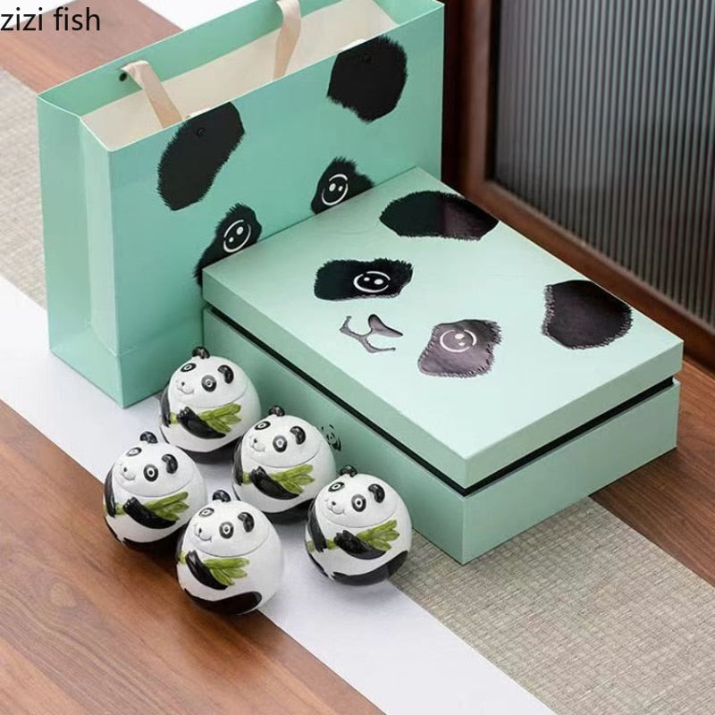 Panda Ceramic Tea Tin Sealed Tank Tea Box 5-piece Set Gift Box Storage Tank Candy Jar Tea Container Tea Organizer Tea Caddy acacuss
