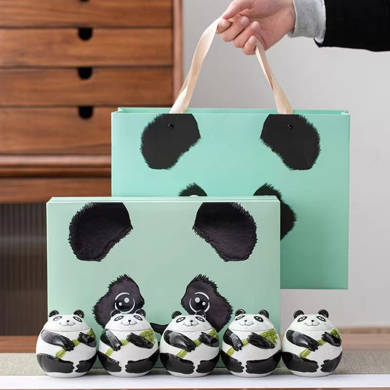 Panda Ceramic Tea Tin Sealed Tank Tea Box 5-piece Set Gift Box Storage Tank Candy Jar Tea Container Tea Organizer Tea Caddy acacuss
