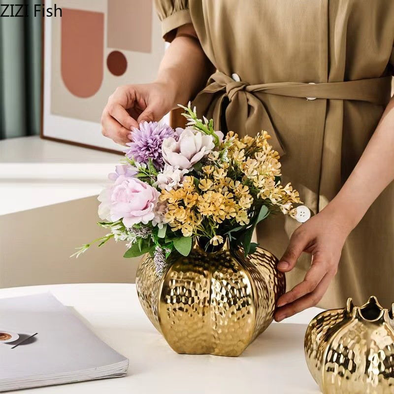 Pomegranate Shape Gold-plated Ceramic Vase Artificial Flowers Decorative Flower Arrangement Desk Decoration Crafts Floral Vases acacuss