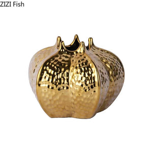 Pomegranate Shape Gold-plated Ceramic Vase Artificial Flowers Decorative Flower Arrangement Desk Decoration Crafts Floral Vases acacuss