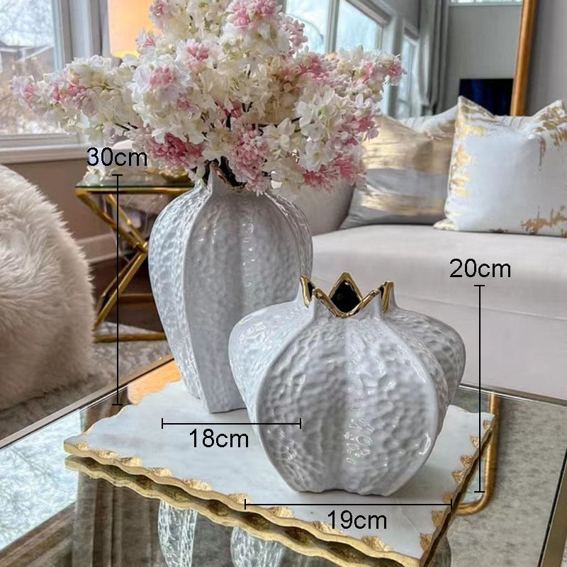 Pomegranate Shape Gold-plated Ceramic Vase Artificial Flowers Decorative Flower Arrangement Desk Decoration Crafts Floral Vases acacuss