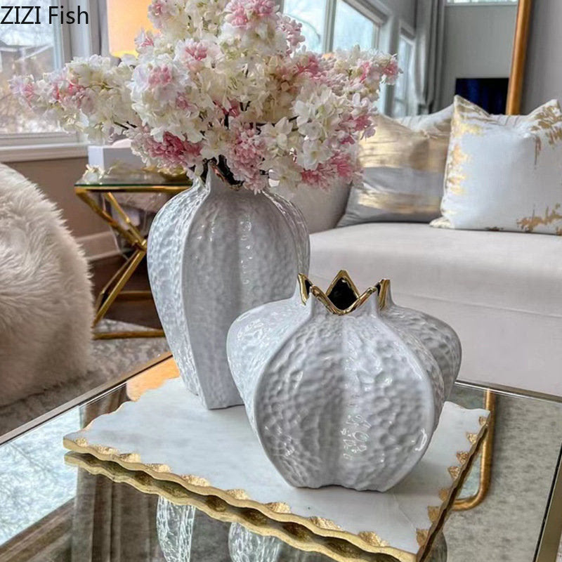 Pomegranate Shape Gold-plated Ceramic Vase Artificial Flowers Decorative Flower Arrangement Desk Decoration Crafts Floral Vases acacuss