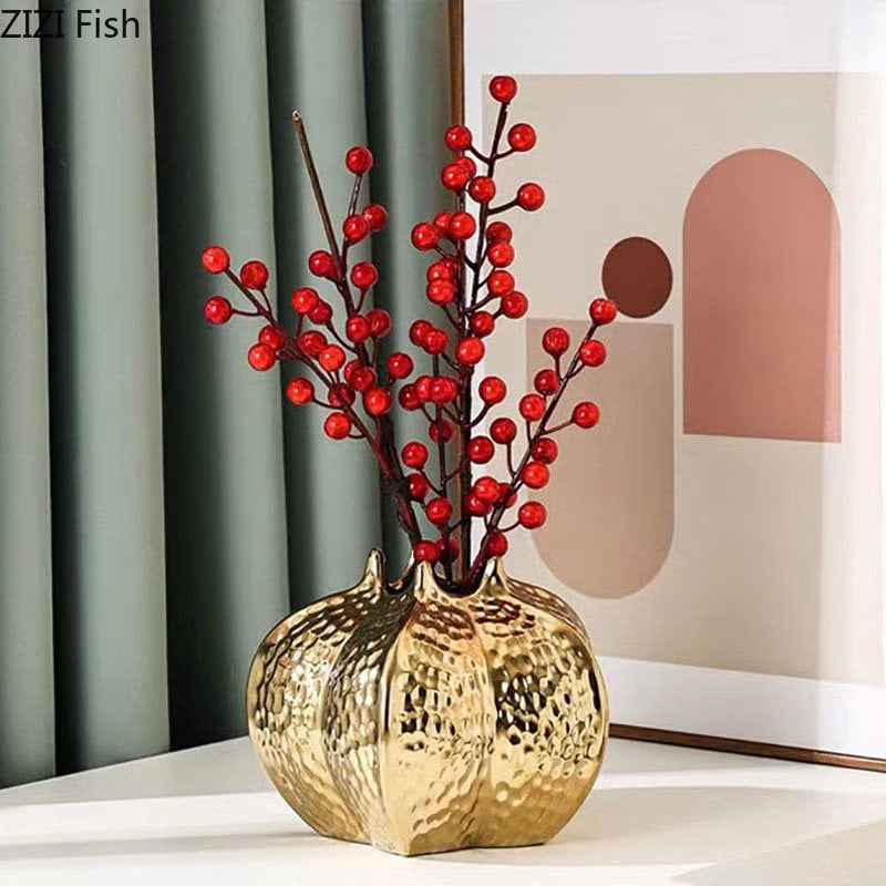Pomegranate Shape Gold-plated Ceramic Vase Artificial Flowers Decorative Flower Arrangement Desk Decoration Crafts Floral Vases acacuss
