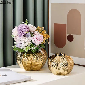 Pomegranate Shape Gold-plated Ceramic Vase Artificial Flowers Decorative Flower Arrangement Desk Decoration Crafts Floral Vases acacuss
