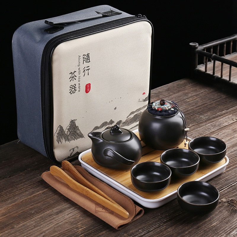 Portable Ceramic Porcelain Travel Kung Fu Tea Set Teaware Tea Pot and Cup Set Tea Caddy Storage Bag One Teapot Four Teacup acacuss
