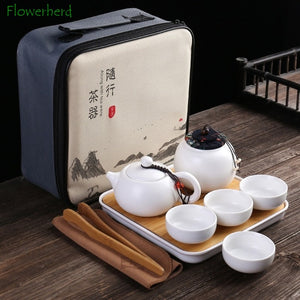Portable Ceramic Porcelain Travel Kung Fu Tea Set Teaware Tea Pot and Cup Set Tea Caddy Storage Bag One Teapot Four Teacup acacuss