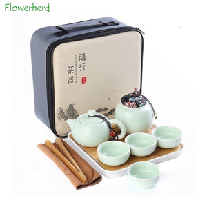 Portable Ceramic Porcelain Travel Kung Fu Tea Set Teaware Tea Pot and Cup Set Tea Caddy Storage Bag One Teapot Four Teacup acacuss