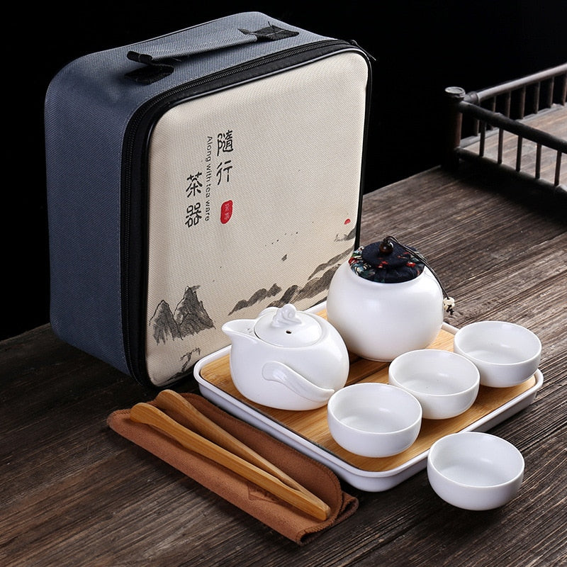 Portable Ceramic Porcelain Travel Kung Fu Tea Set Teaware Tea Pot and Cup Set Tea Caddy Storage Bag One Teapot Four Teacup acacuss