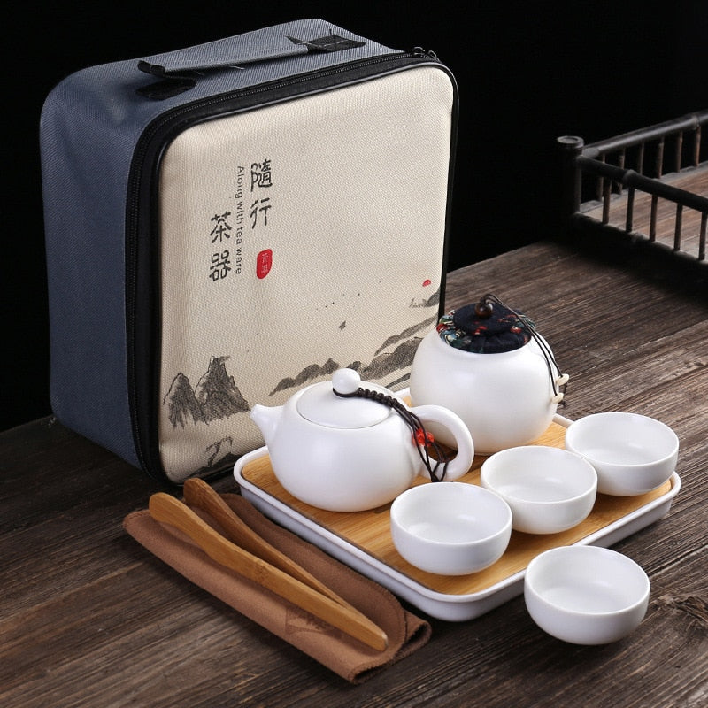 Portable Ceramic Porcelain Travel Kung Fu Tea Set Teaware Tea Pot and Cup Set Tea Caddy Storage Bag One Teapot Four Teacup acacuss